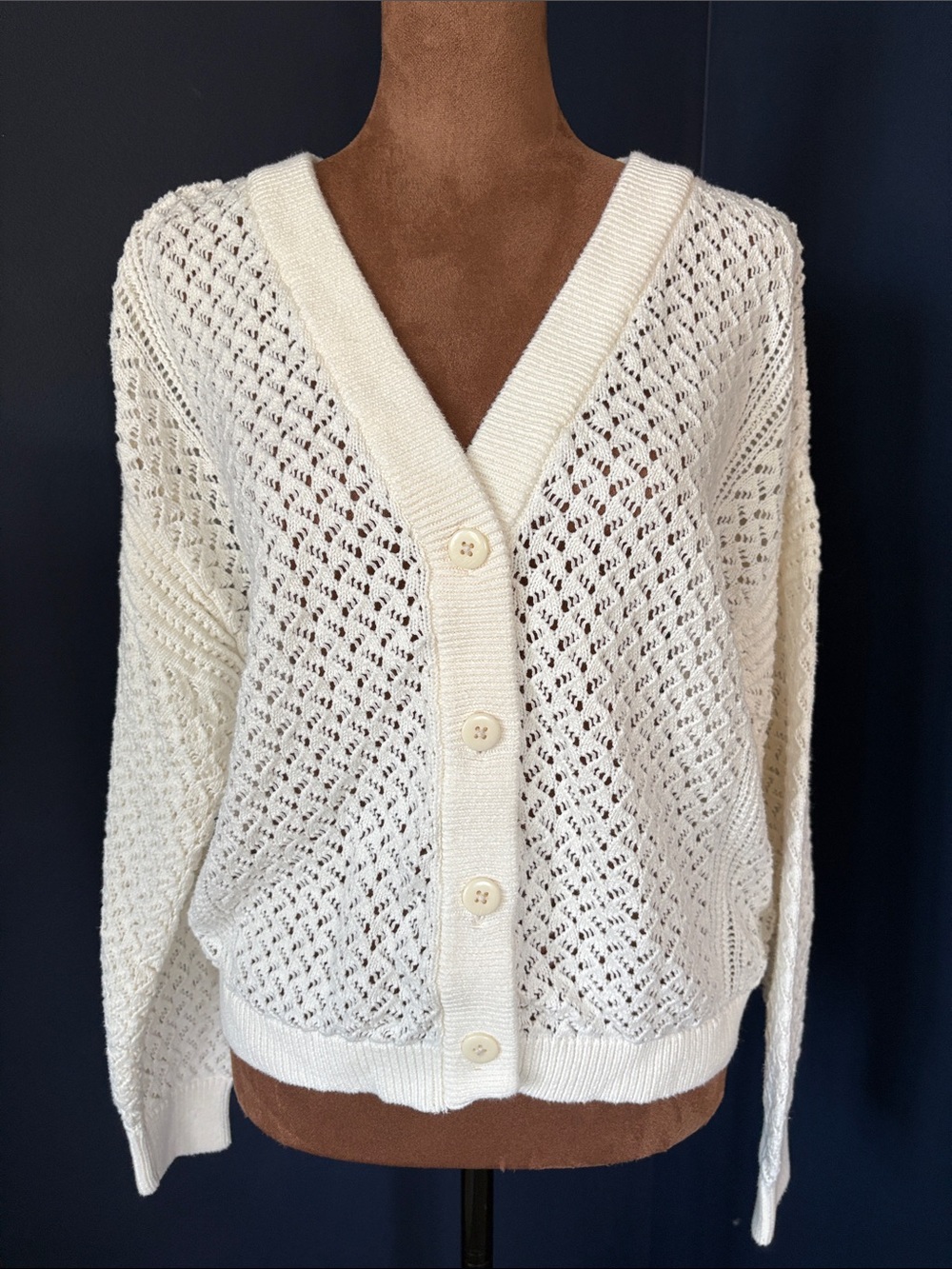 Splendid Brenda Cardigan Cream Open Pointelle Knit Cotton Sweater Size M EUC - Picture 4 of 9